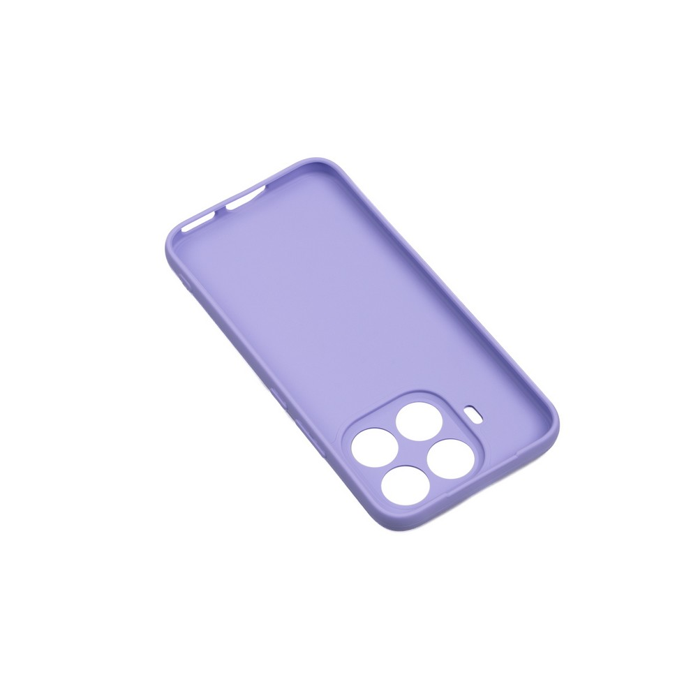 Bir lavanta telefon kılıfı. Kamera ve flaş için delikleri var ve beyaz bir arka plan üzerinde duruyor.