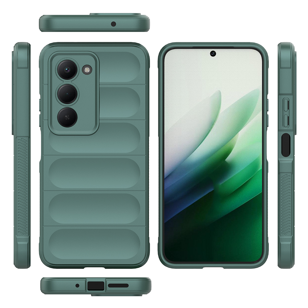 Kamera ve ekranlı yeşil telefon kılıfı. Kılıf, birden fazla açıdan gösterilmektedir. Dokulu bir tasarıma ve düğmelere sahiptir.