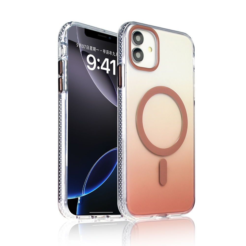Şeffaf kılıflı iki iPhone. Biri ekranı saati gösteriyor. Diğerinde daire ve çubuk bulunan degrade pembe bir kılıf var.