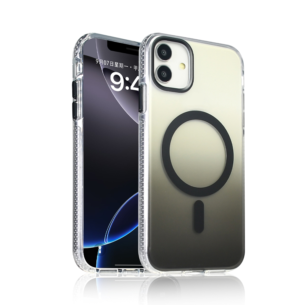 Şeffaf kılıflı iki iPhone. Biri ekran gösteriyor, diğeri siyah bir daire ve çubuğa sahip.