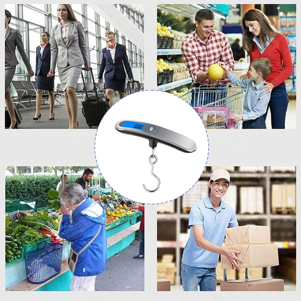 Vier Szenen: Flughafen, Supermarkt, Markt und ein Zusteller mit Paketen. In der Mitte befindet sich eine Waage.