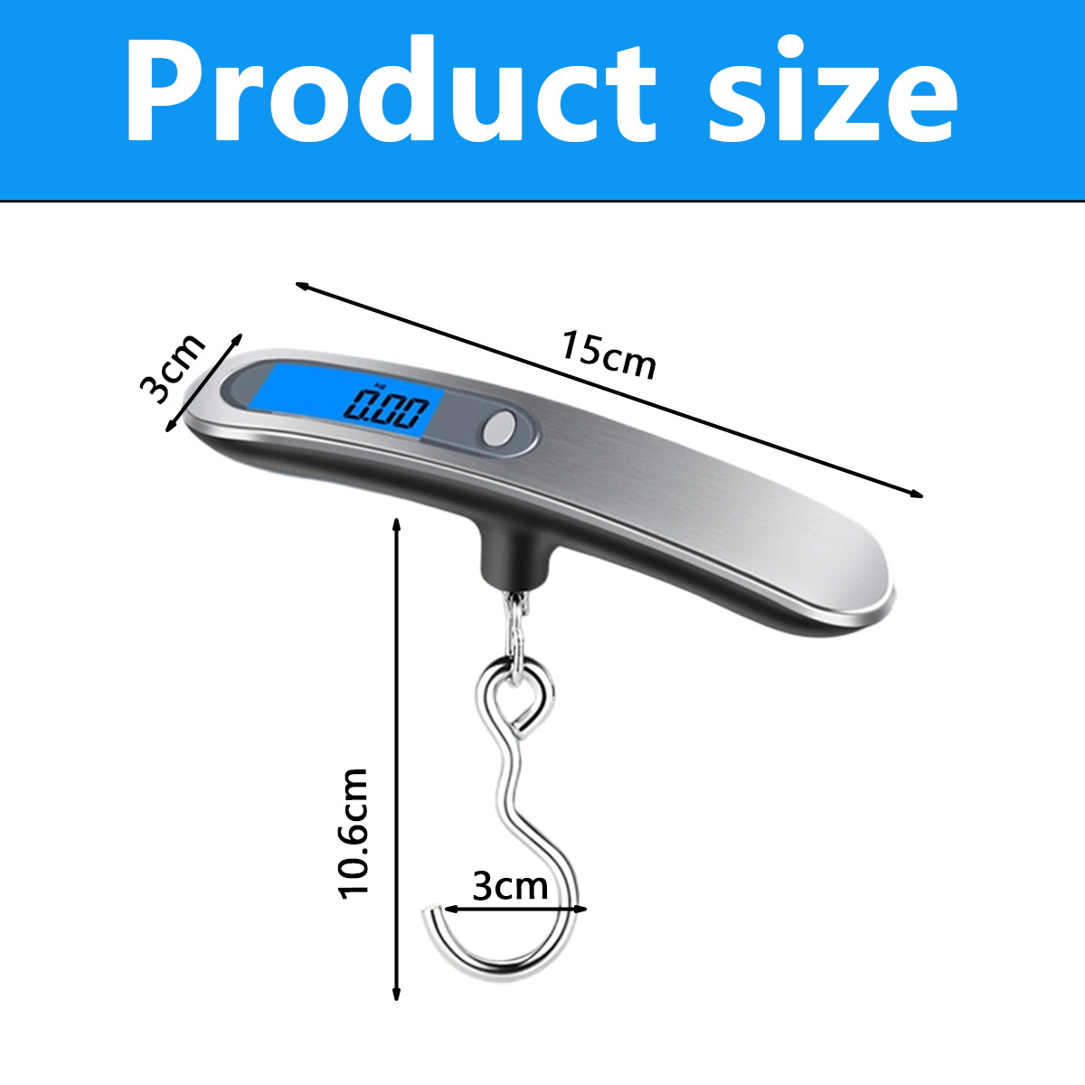 Eine digitale Gepäckwaage mit den Maßen: 15 cm lang, 10,6 cm hoch und 3 cm breit. Der Bildschirm zeigt 0,00.