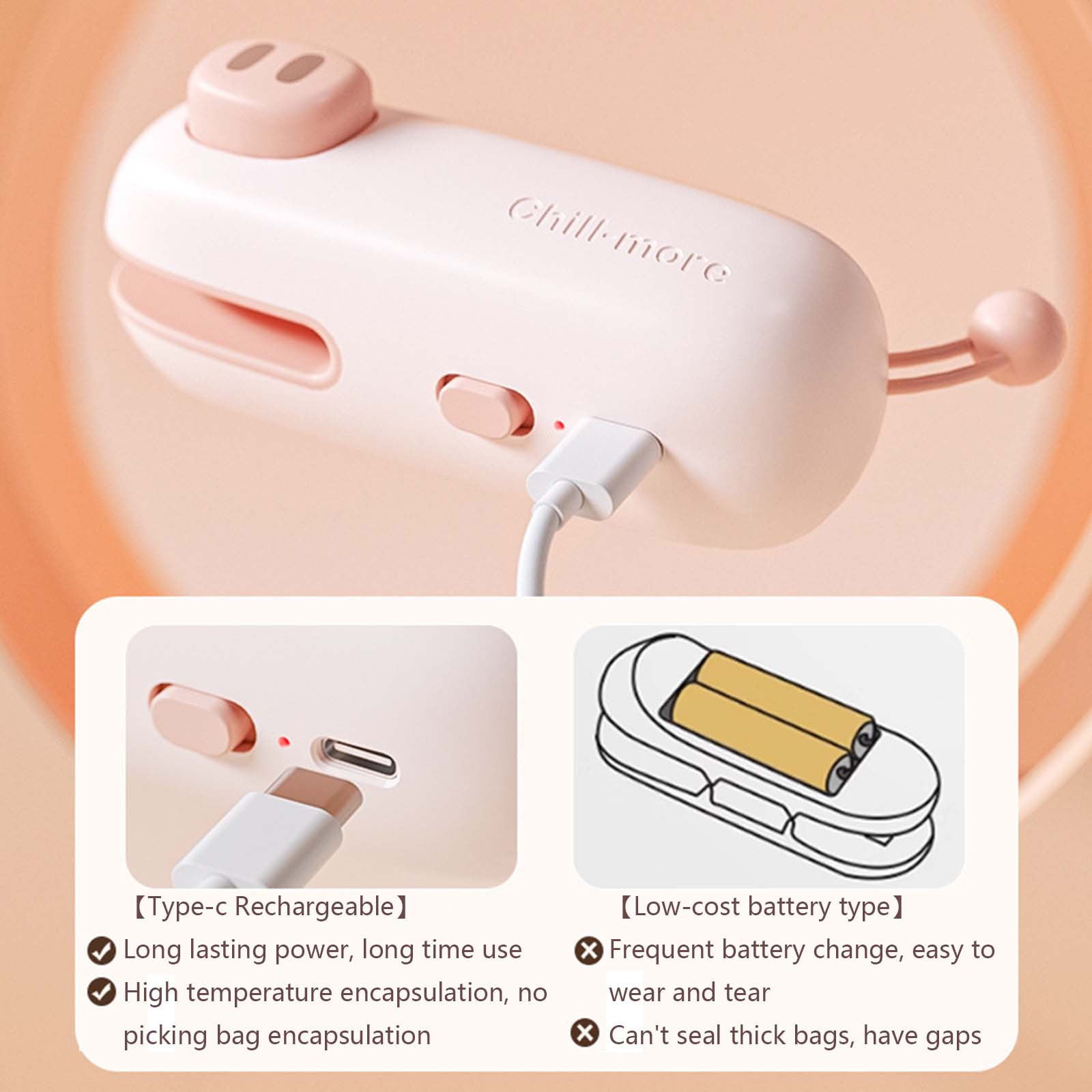 Ein rosa Beutelverschluss mit Schweineschnauze. Er hat einen Ladeanschluss und ein Diagramm des Batterietyps.