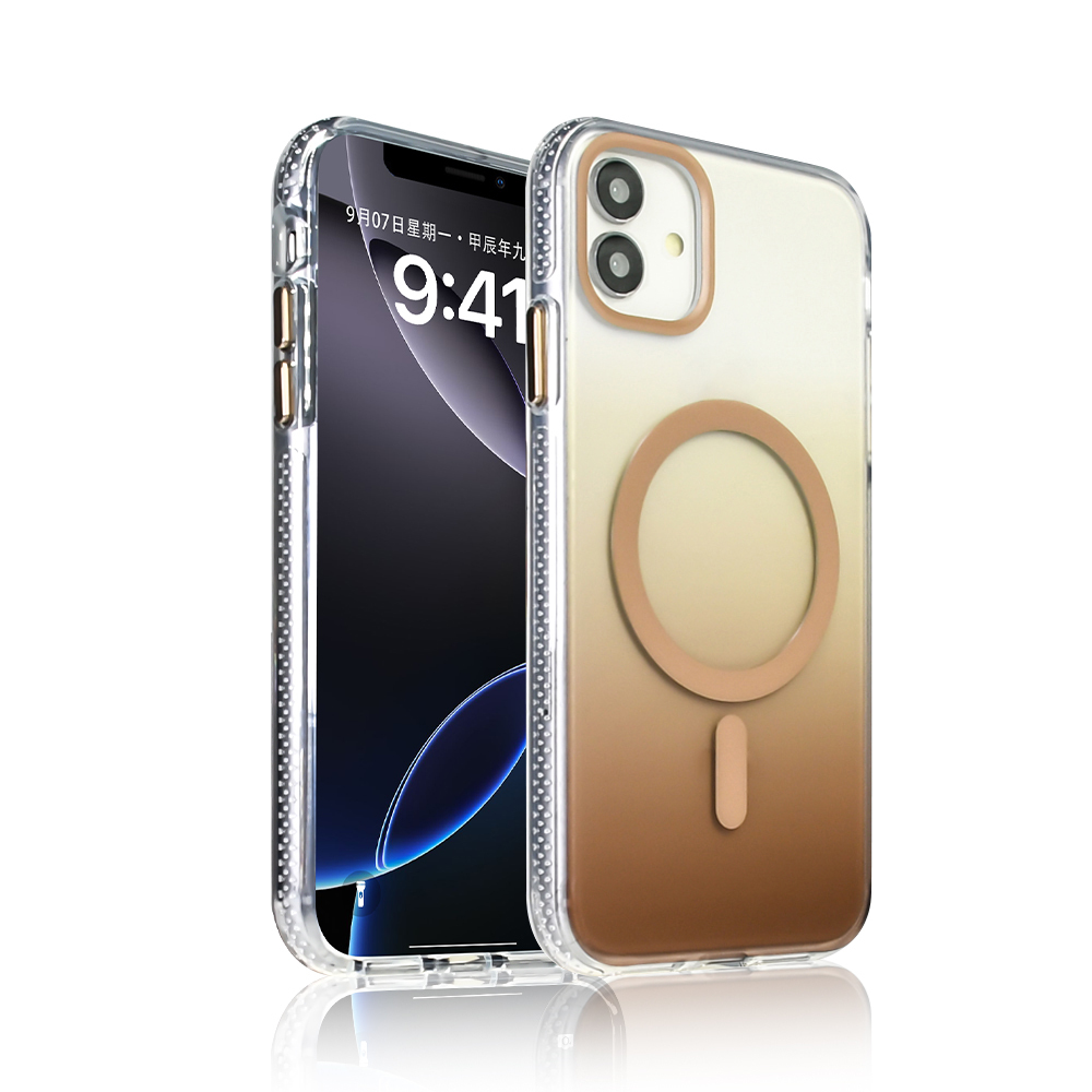 Kılıflı iki akıllı telefon, biri saati gösteriyor. Kılıflar şeffaf ve altın renk geçişli. Arka plan beyaz.