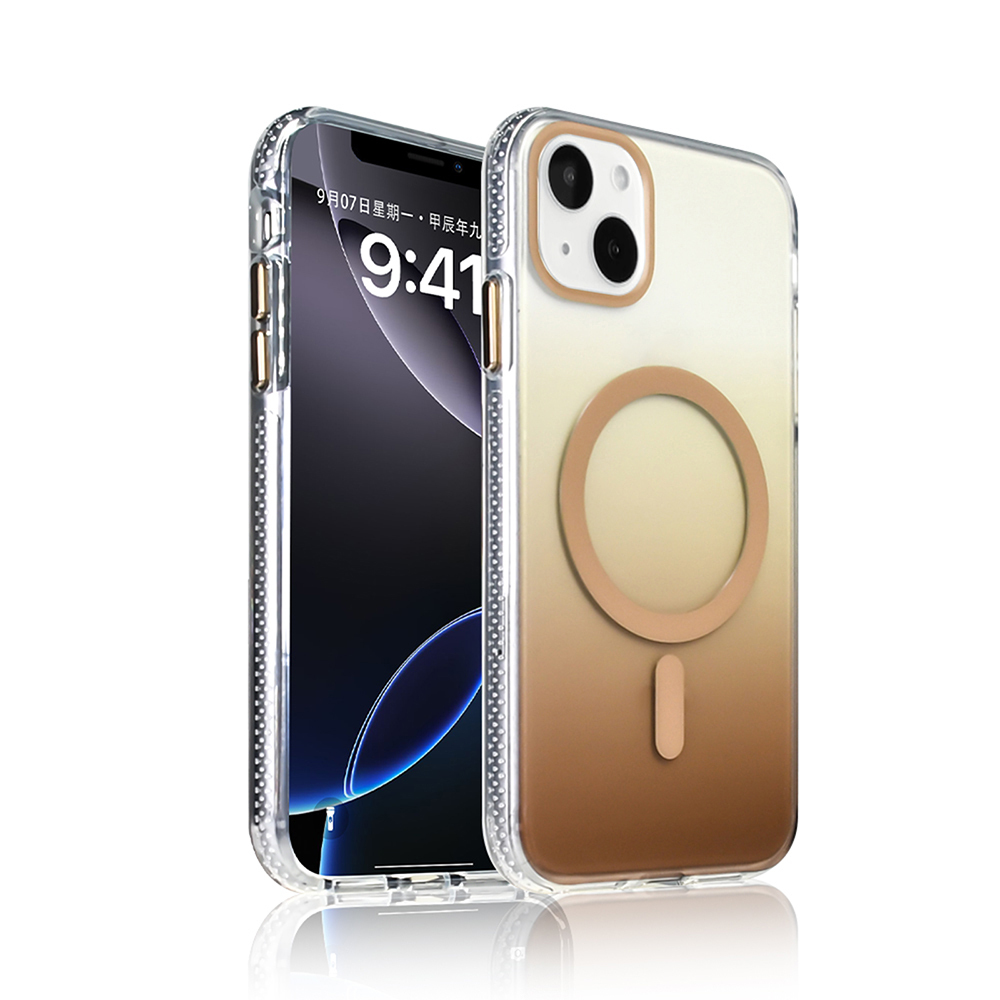 Koruyucu kılıflı iki iPhone. Biri ekranı gösteriyor, diğeri dairesel manyetik eklentili degrade bir tasarıma sahip.