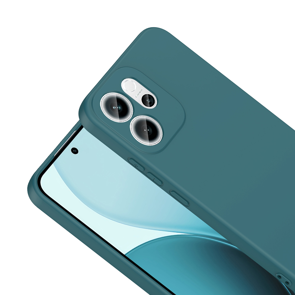 Görünür bir telefon ekranı olan turkuaz bir telefon kılıfı. Kılıfta kamera lensleri ve düğmeler var. Arka plan beyaz.