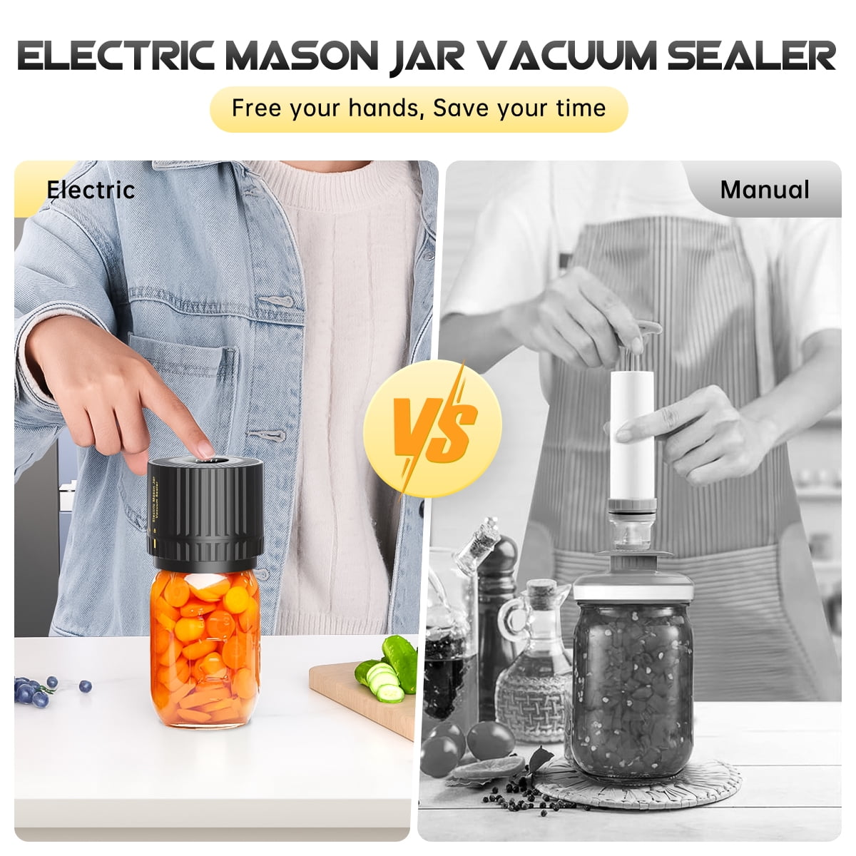 Das Bild vergleicht elektrische und manuelle Vakuumiergeräte. Der elektrische Versiegeler hat einen schwarzen Deckel. Der manuelle Versiegler ist grau.