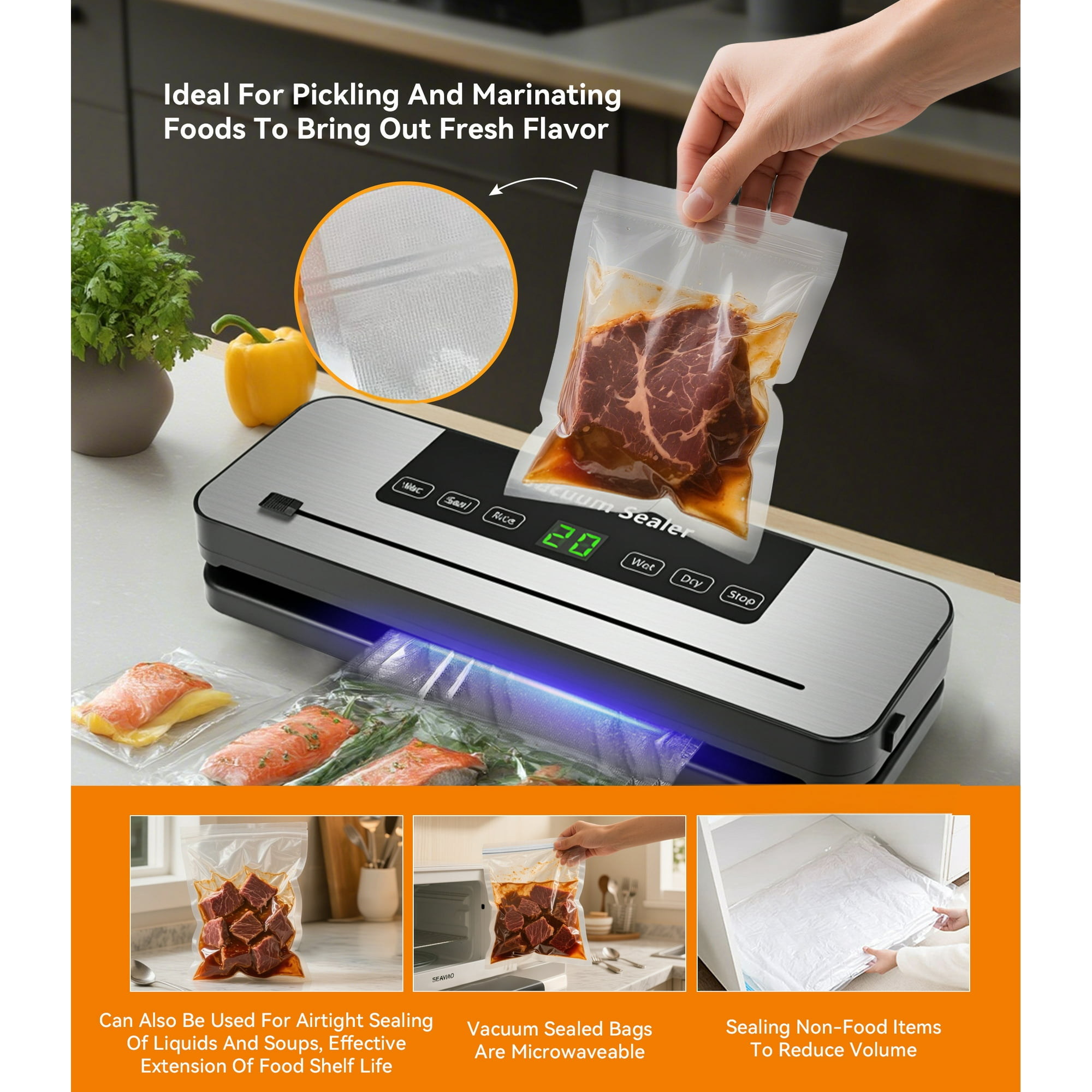 Ein Vakuumiergerät mit einer Hand, die einen Beutel mit Fleisch hält. Es zeigt die Maschine, die Lebensmittel zum Konservieren versiegelt.