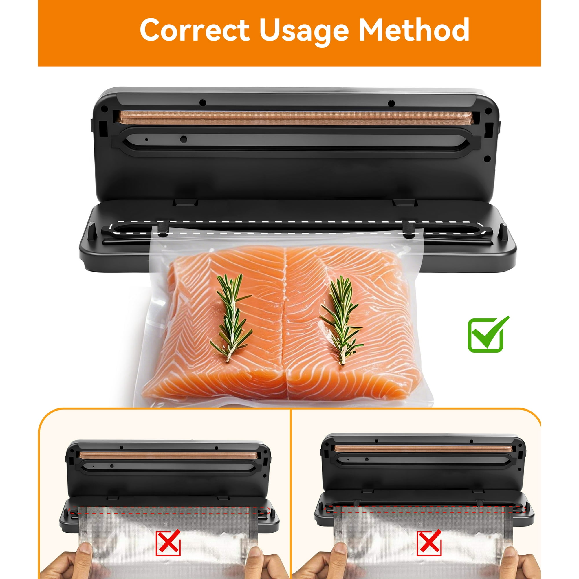 Ein Vakuumierer mit Lachs und Rosmarin, der die korrekte Verwendung zeigt. Falsche Beispiele mit rotem X unten.