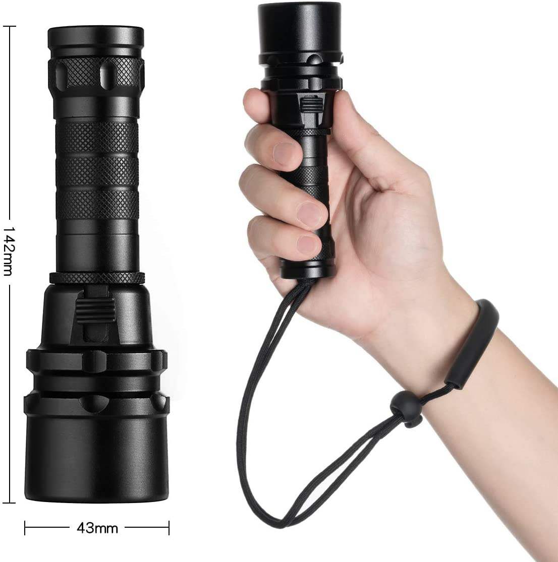Eine schwarze Taschenlampe mit Handschlaufe. Sie wird in einer Hand gehalten. Die Taschenlampe ist zylindrisch mit strukturiertem Griff.