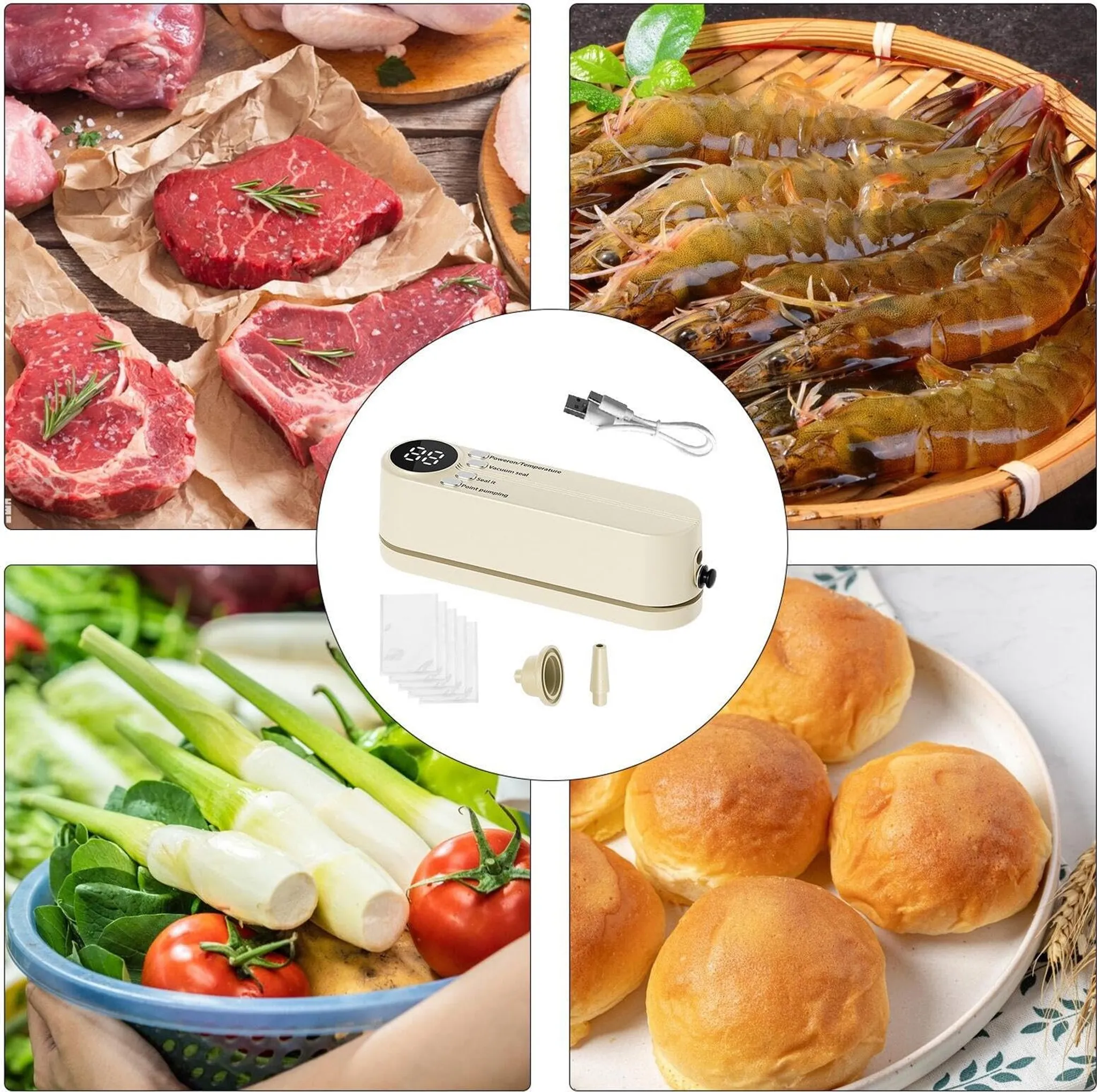 Eine Collage, die rohes Fleisch, Garnelen, ein Vakuumiergerät, Gemüse und Brötchen zeigt. Die Artikel sind für die kulinarische Präsentation angeordnet.