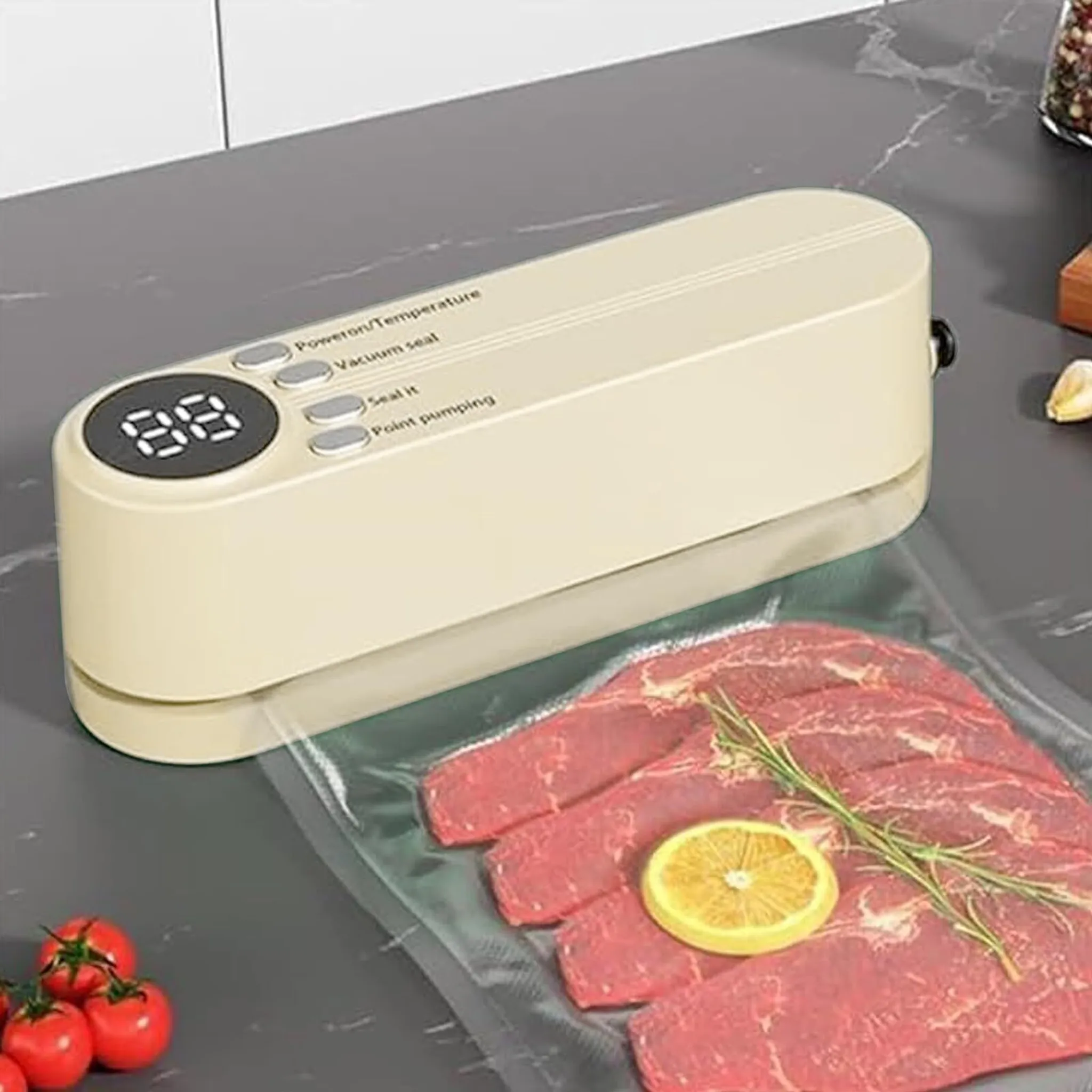 Vakuumiergerät mit Fleischscheiben und Zitrone. Rote Tomaten im Vordergrund. Cremefarbene Maschine auf grauer Oberfläche.