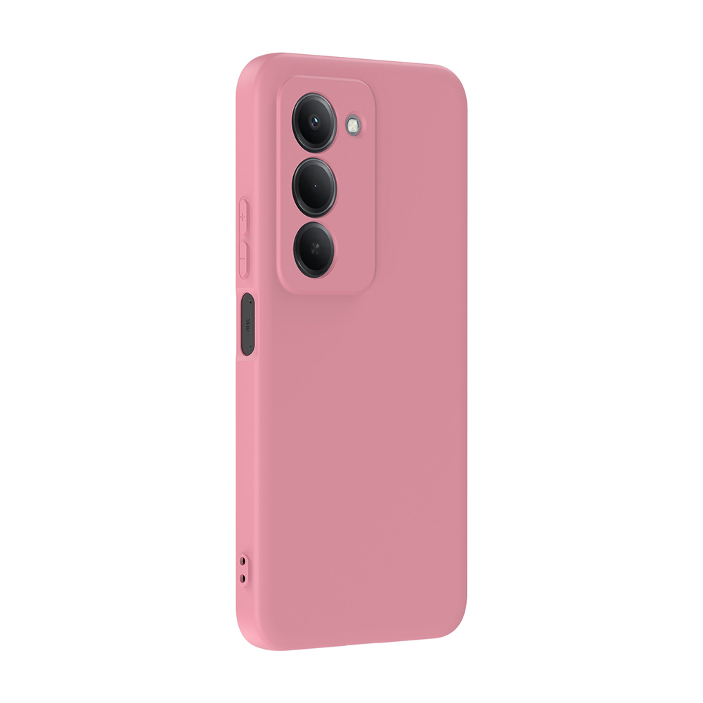 Pembe bir telefon kılıfı, üç kamera merceği ve bir flaş ile. Ses ve güç düğmeleri görülebilir.
