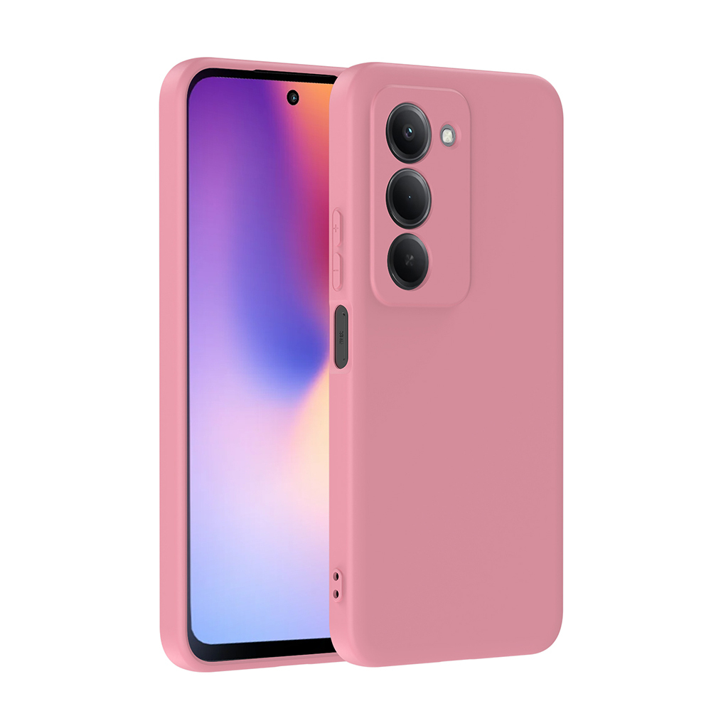 Pembe bir telefon kılıfı sağda, telefonun arkasını kaplıyor. Soldaki telefon ekranı renkli bir arka plan gösteriyor.