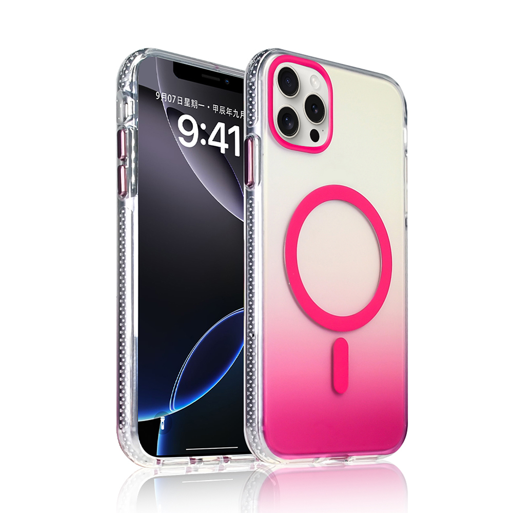 Koruyucu kılıflı iki akıllı telefon. Biri ekran gösteriyor, diğeri pembe bir degradeye ve halka şekline sahip.