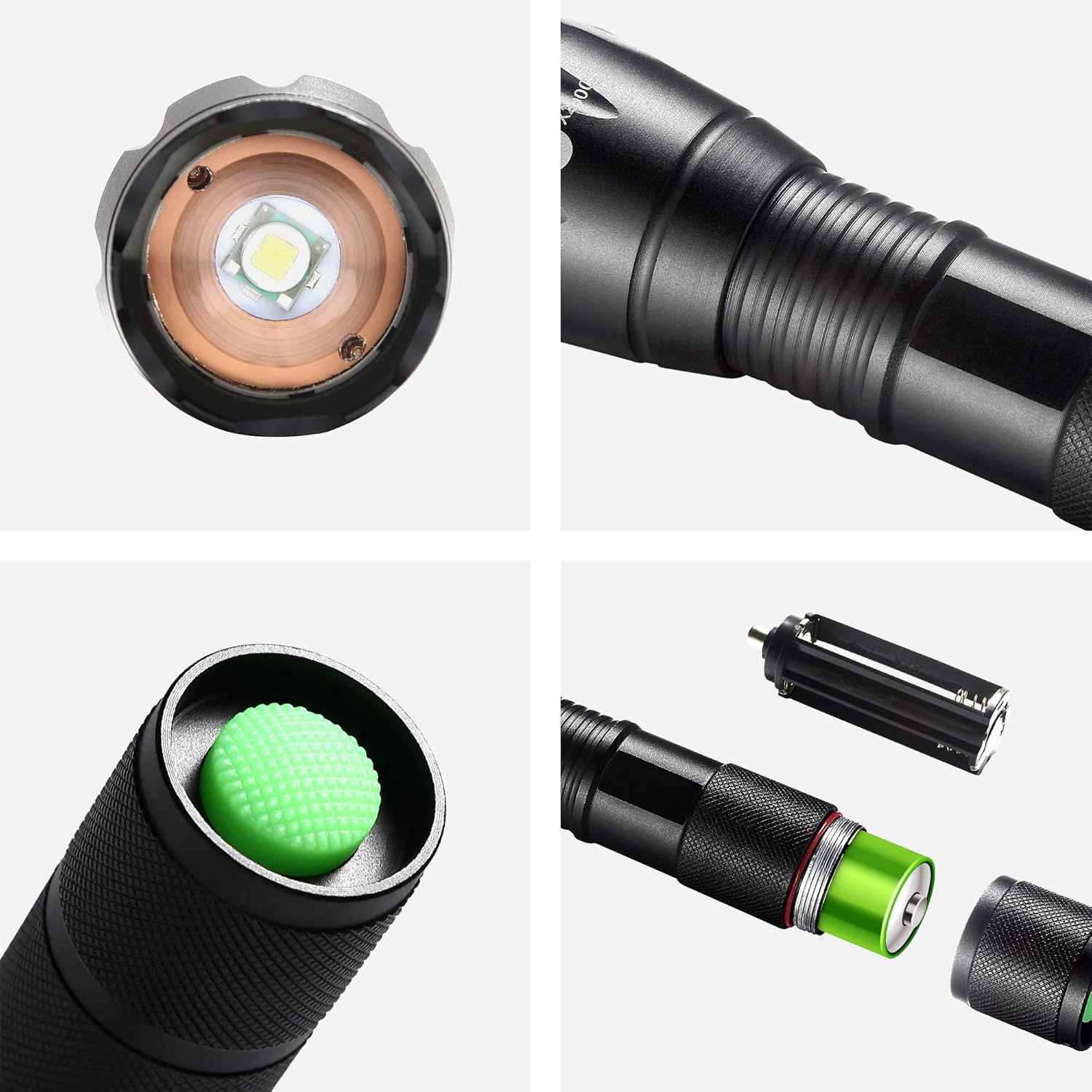 Nahaufnahme einer zerlegten schwarzen Taschenlampe. Teile umfassen den Kopf, das Batteriefach, einen grünen Knopf und eine Batterie.