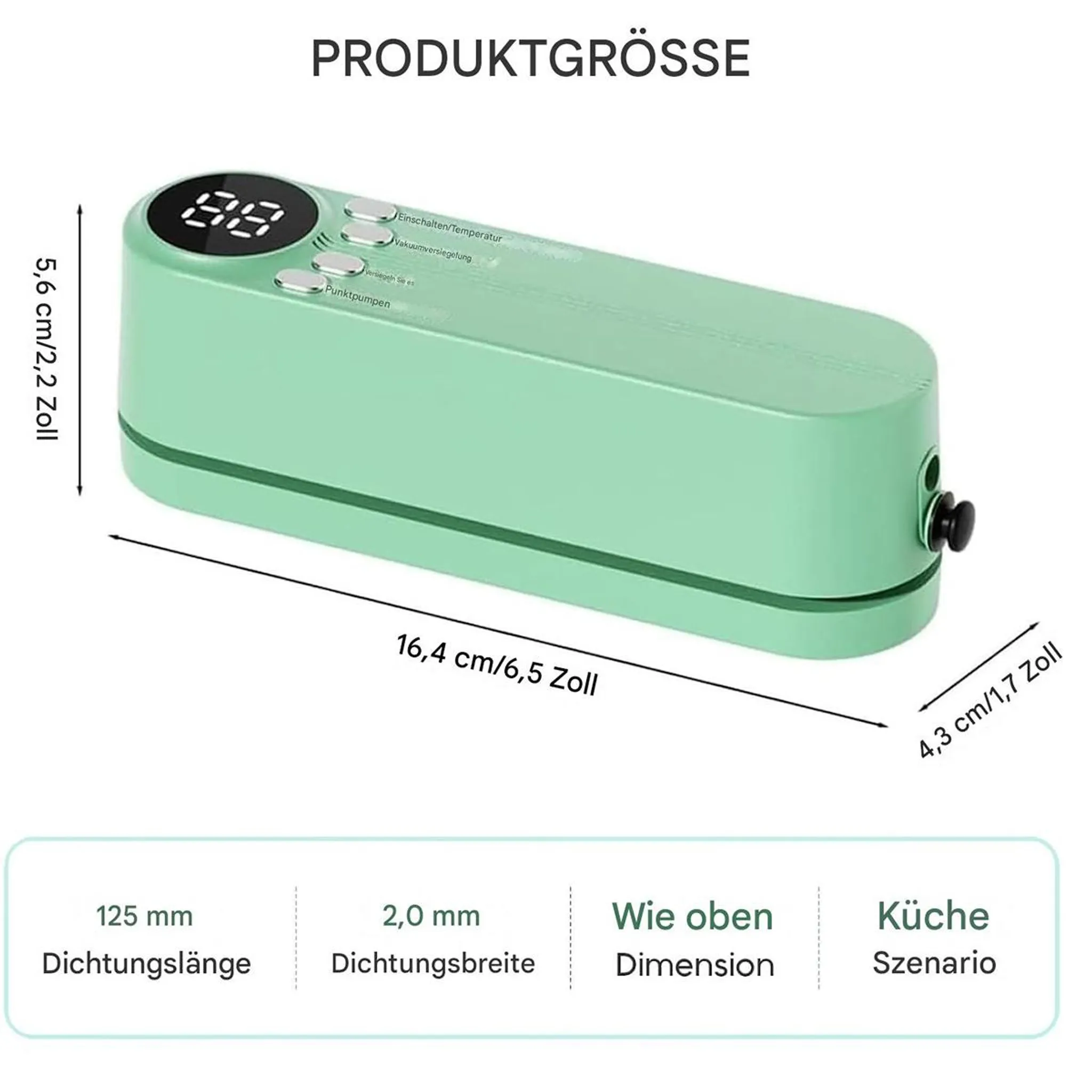 Ein mintgrünes Gerät mit Digitalanzeige zeigt '88'. Es hat Knöpfe und Textbeschriftungen. Abmessungen sind angegeben.