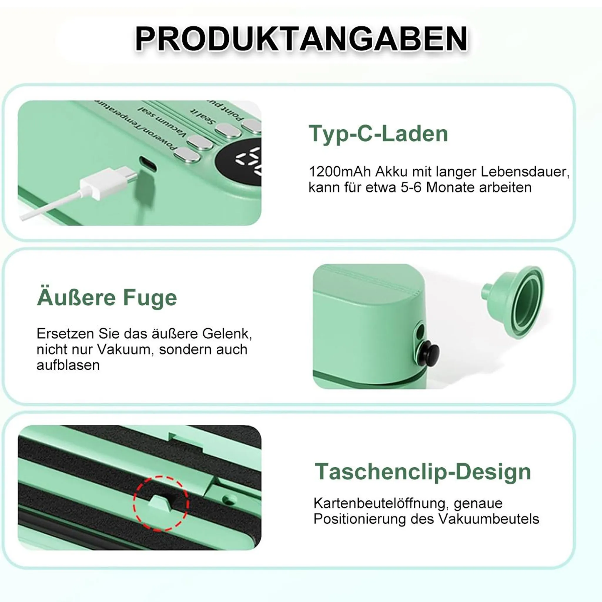 Eine Infografik mit Produktdetails. Enthält Bilder des Geräts mit Text auf Deutsch, der Funktionen und Fähigkeiten beschreibt.