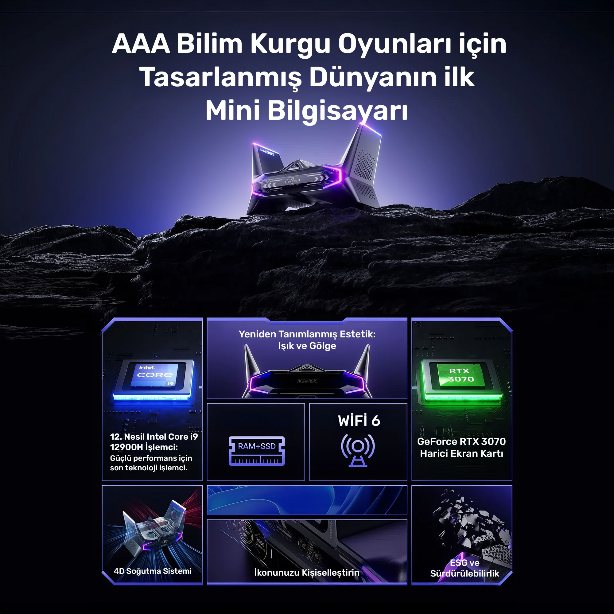 Oyun için bileşenlerinin ve özelliklerinin detaylarını içeren, benzersiz tasarımlı bir bilgisayar.
