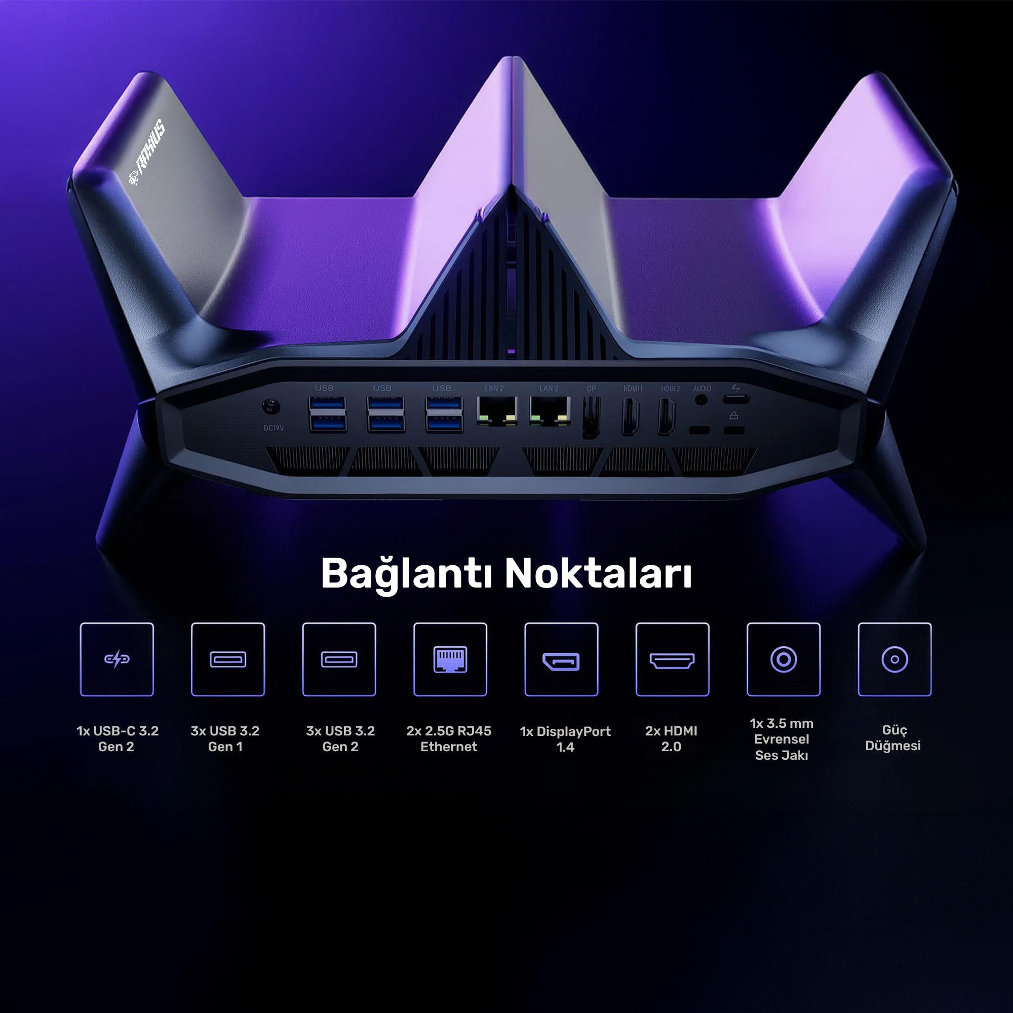 Mor geçişli bir arka plan üzerinde, çoklu bağlantı noktaları ve bağlantı seçenekleri olan modern siyah bir yönlendirici.