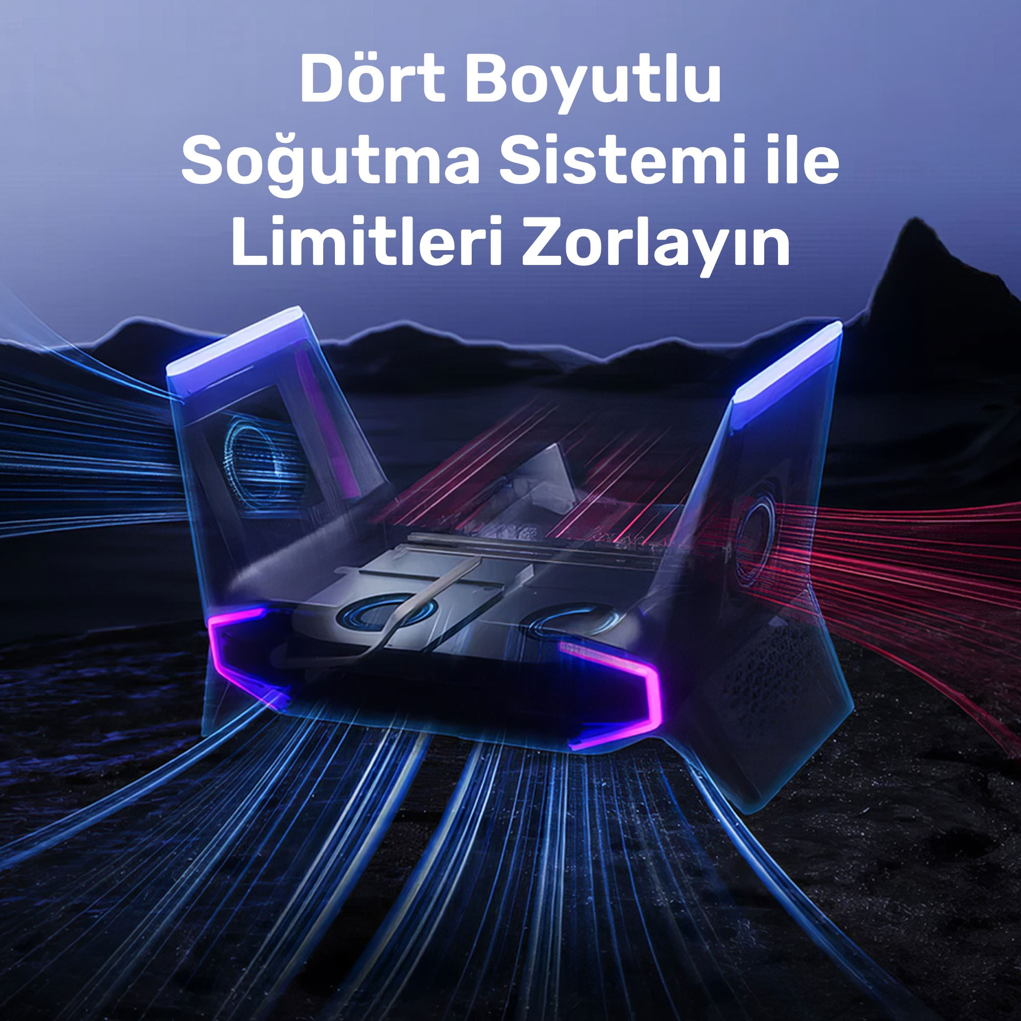 Mavi ve kırmızı ışık izleriyle fütüristik bir soğutma sisteminin soyut görüntüsü. Türkçe metin 'Sınırları zorlayın' diyor.