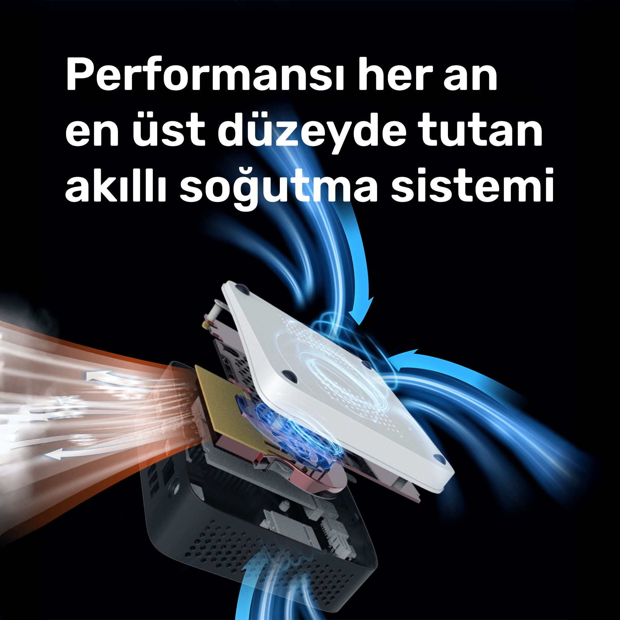 Bir soğutma sisteminin diyagramı. Mavi ve turuncu hava akışları. Türkçe metin.