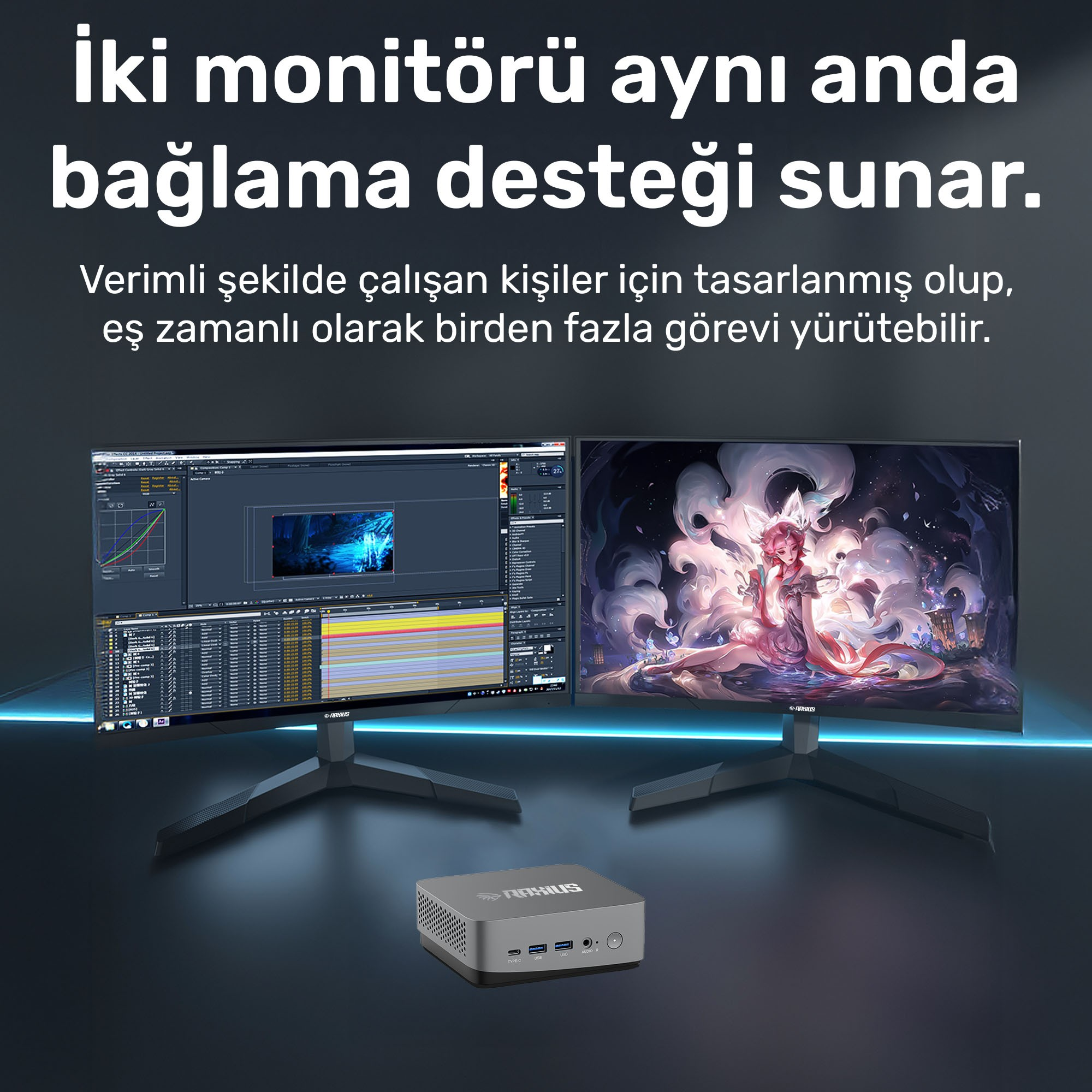 İki monitör farklı içerikler gösterir. Altta küçük bir bilgisayar var. Yukarıdaki metin çift monitör desteği diyor.