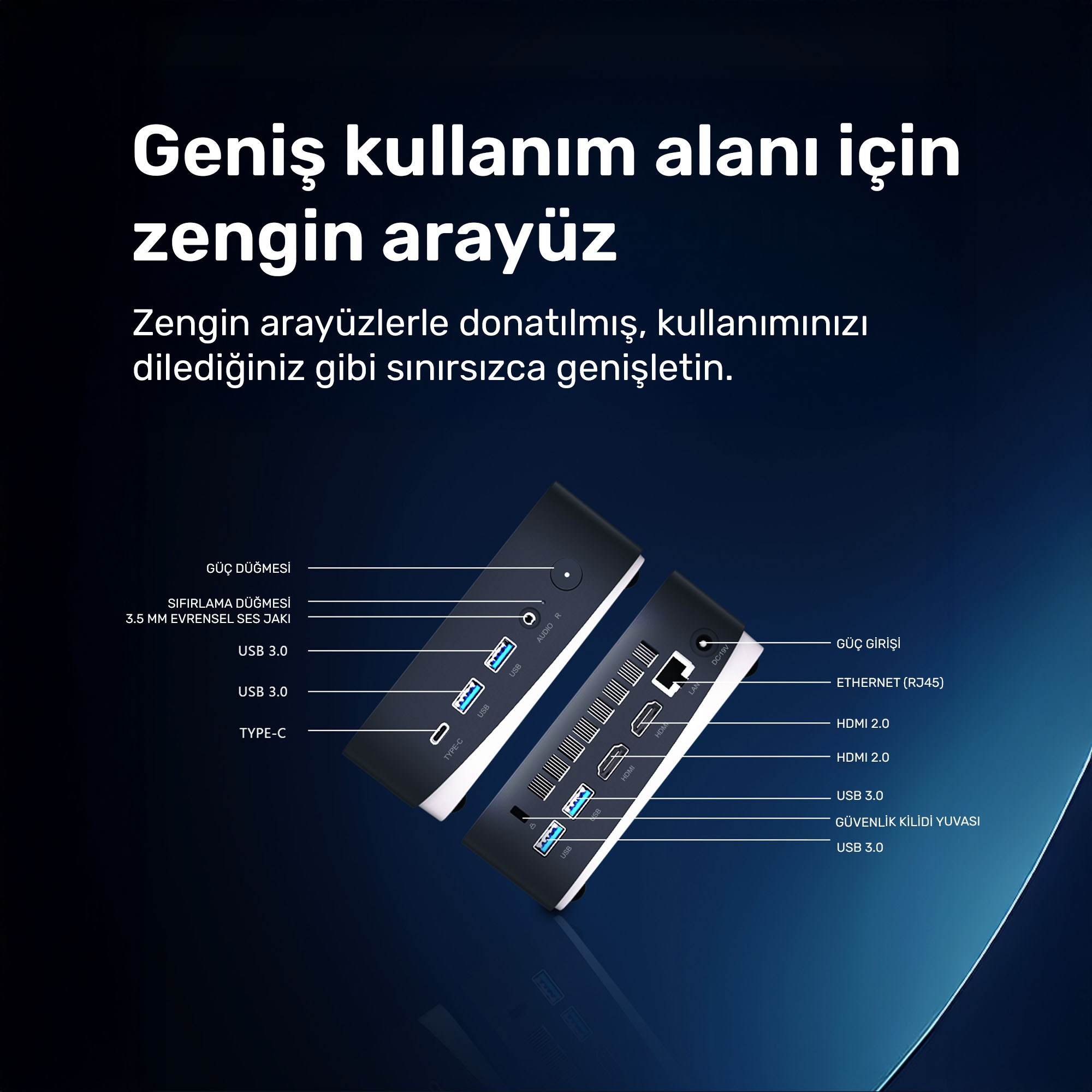Görselde USB, HDMI, Ethernet gibi çeşitli bağlantı noktalarına sahip bir cihaz gösteriliyor. Türkçe metin zengin arayüzü vurguluyor.