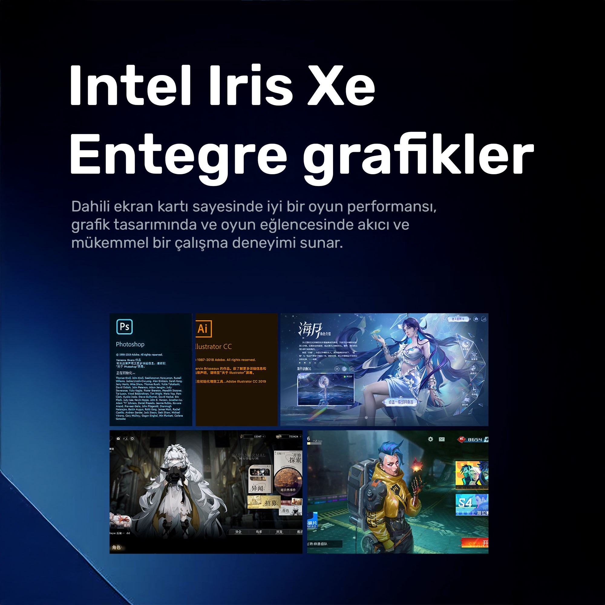 'Intel Iris Xe' yazılı görsel, uygulama simgeleri ve oyun ekran görüntüleri. Mavi saçlı ve sarı ceketli bir kadın.