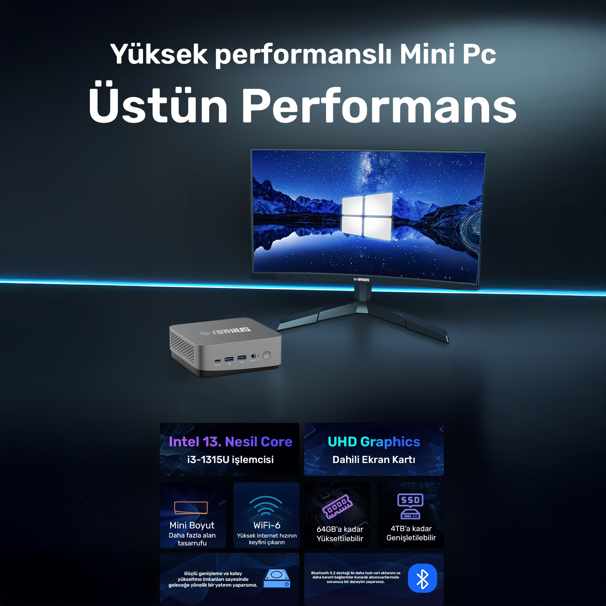 Gece gökyüzünü gösteren bir monitöre sahip mini PC. Intel Core i3, UHD grafikleri ve Wi-Fi 6 içerir.