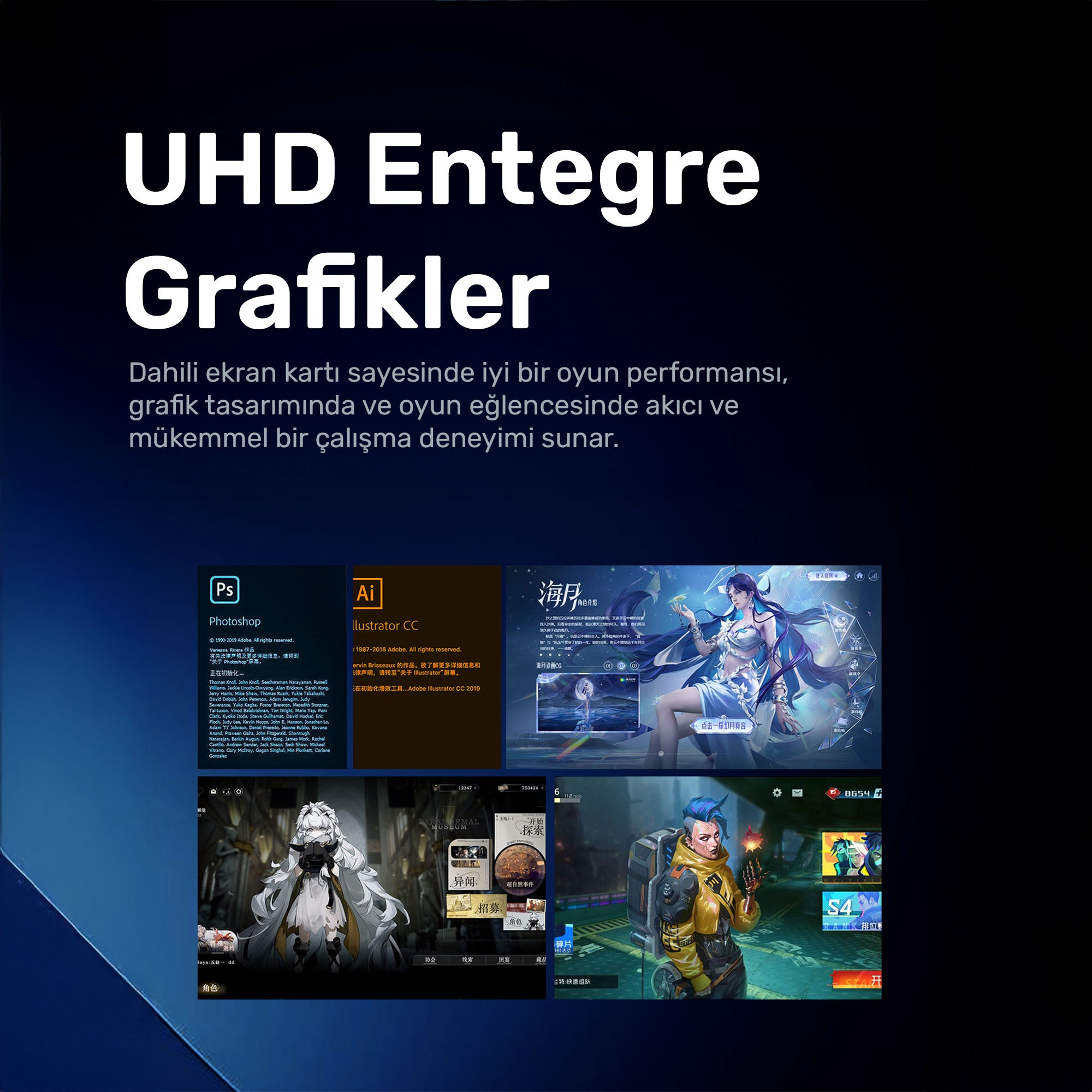 Görüntü, Photoshop ve Illustrator dahil olmak üzere oyun arayüzlerini ve yazılım logolarını gösteriyor. Ortada bir kadın var.