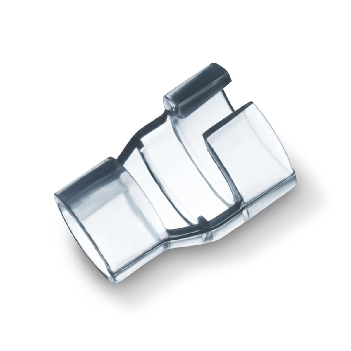 Un dispositif médical en plastique transparent, de forme incurvée avec trois ouvertures, projetant une ombre sur fond blanc.