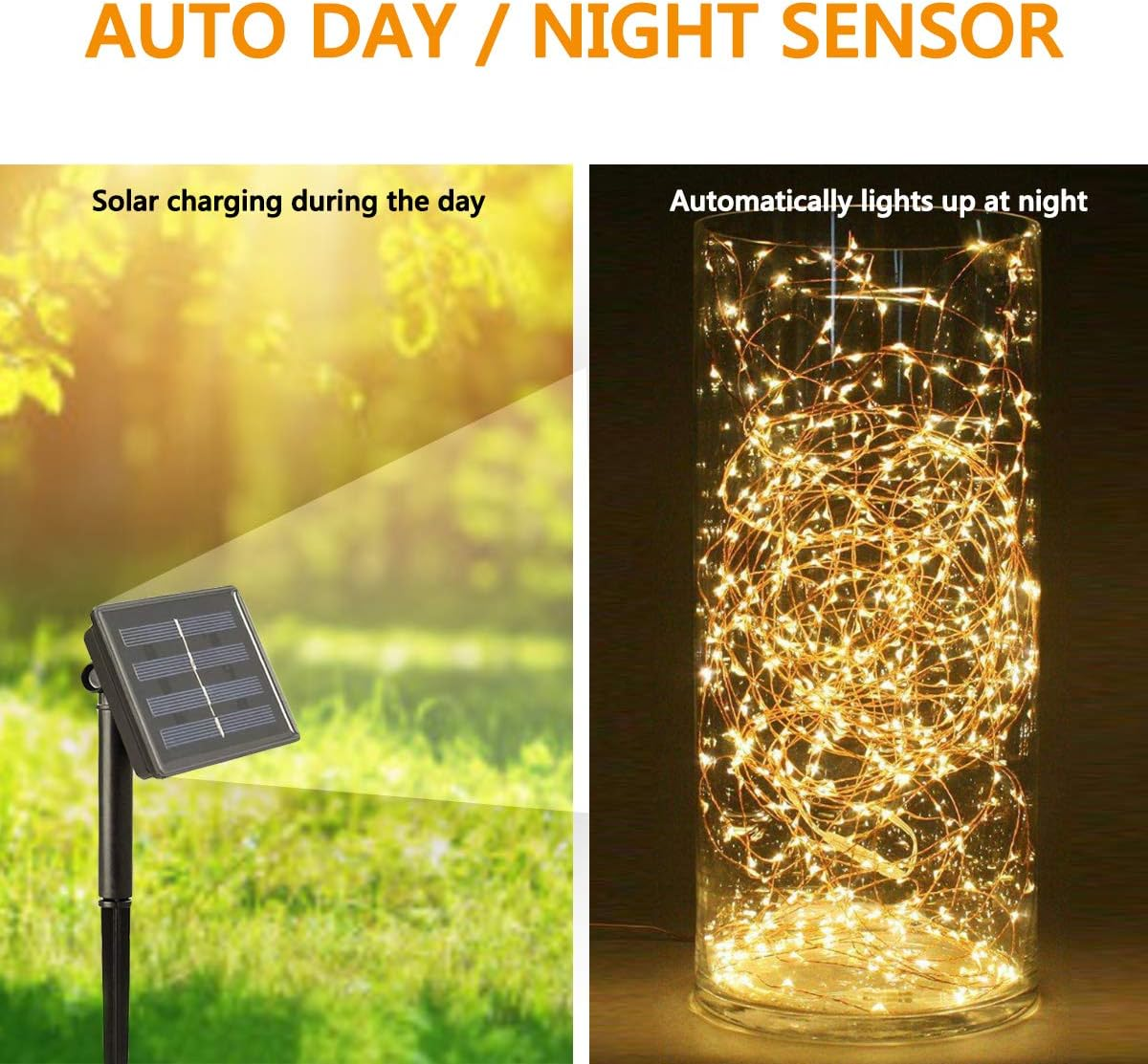 Das Bild zeigt tagsüber ein Solarpanel, das lädt, und nachts eine Vase mit Feenlichtern, was einen Tag-/Nacht-Sensor veranschaulicht.