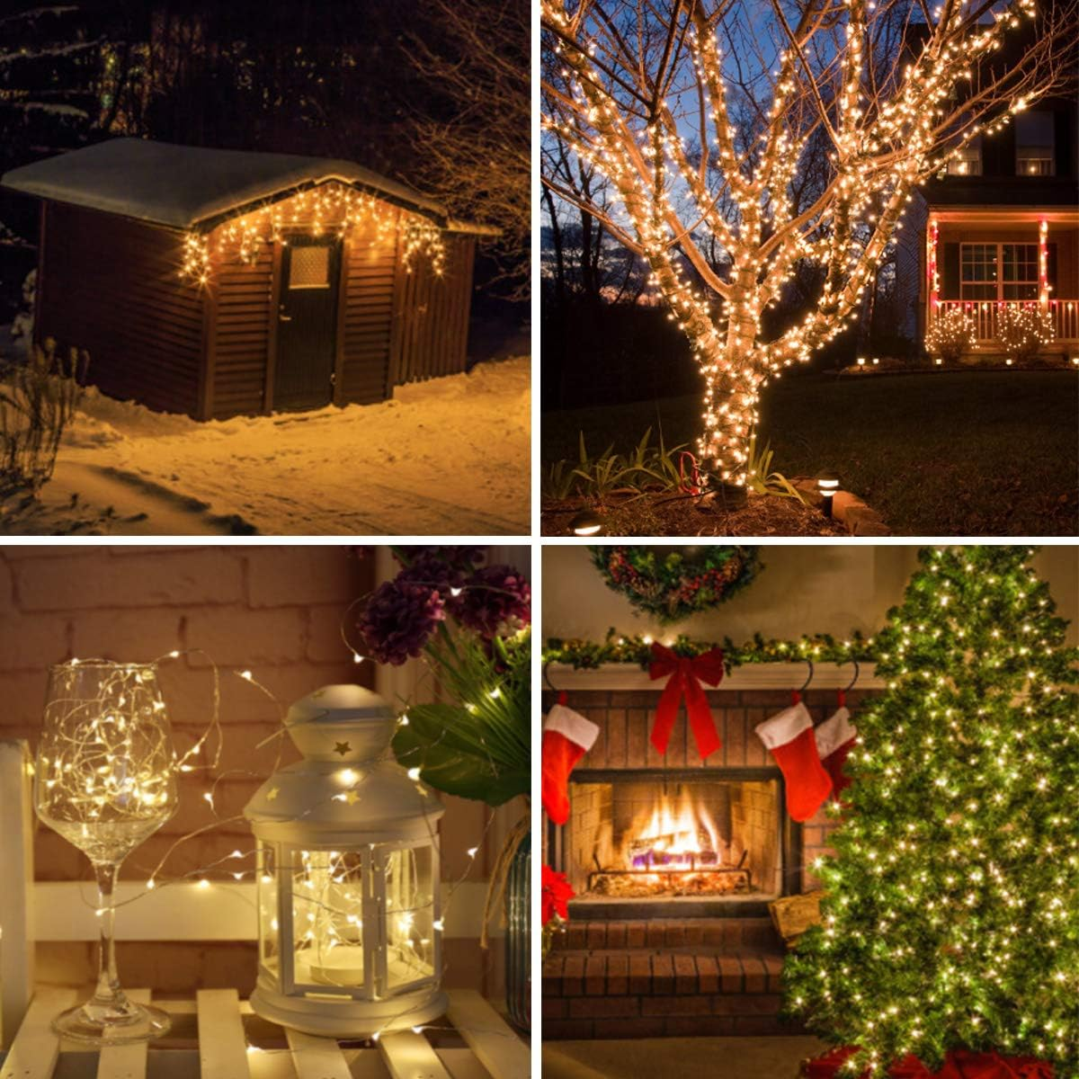 Eine Collage mit Weihnachtslichtern. Ein Schuppen, ein Baum, ein Glas, ein Kamin und ein Weihnachtsbaum sind mit Lichtern geschmückt.