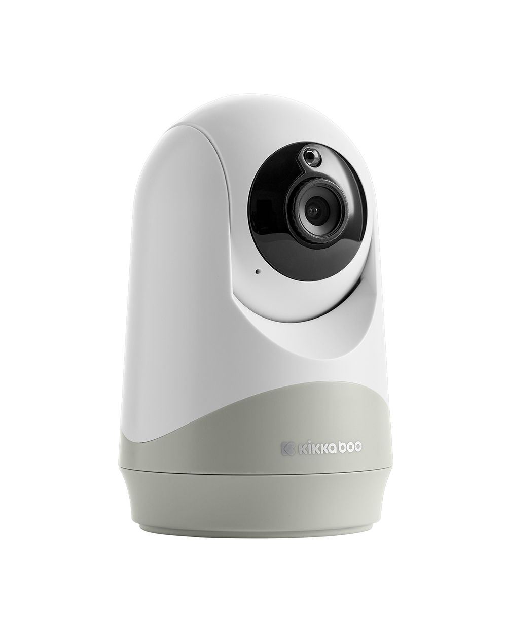 Ein weiß-grauer Kikka Boo Baby Monitor. Er hat ein Kameraobjektiv, und die Basis ist hellgrau. Der Hintergrund ist weiß.