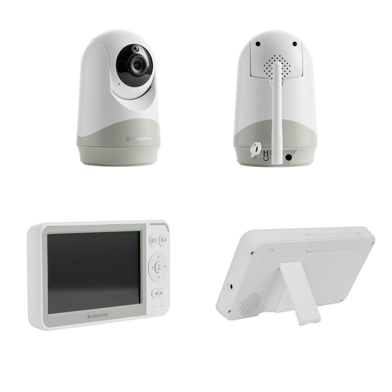 Ein Babyphone-Set. Enthält Kamera, Monitor und Basis. Die Kamera ist weiß mit grauem Sockel. Der Monitor ist weiß mit schwarzem Bildschirm.