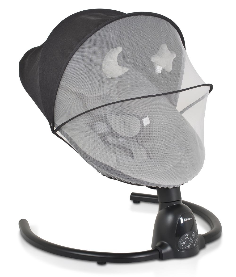 Eine graue Babyschaukel mit schwarzem Verdeck und weißem Moskitonetz. Im Inneren befinden sich Mond- und Sternverzierungen.