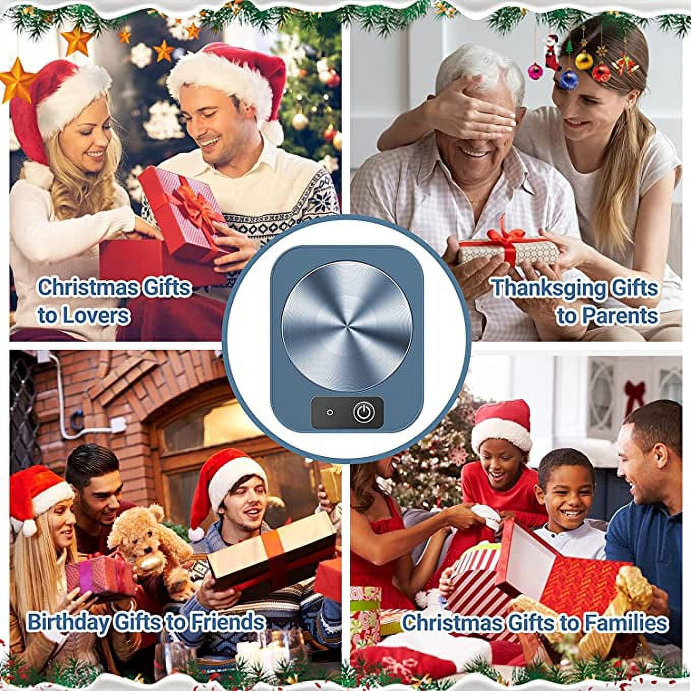 Collage von vier Szenen: Paare tauschen Geschenke aus. Texte lauten: Weihnachtsgeschenke für Liebende, Thanksgiving-Geschenke für Eltern, Geburtstagsgeschenke für Freunde und Familien.