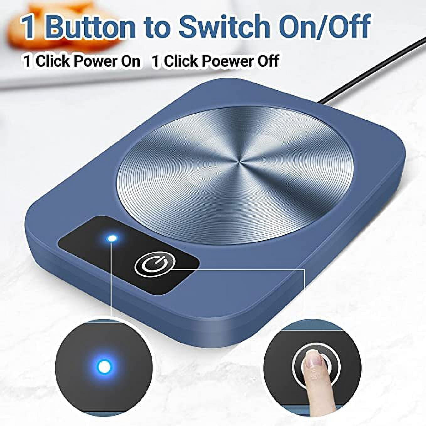 Ein blaues Gerät mit einem Ein-/Ausschalter und einer metallischen, kreisförmigen Heizfläche. Text: '1 Button to Switch On/Off'.