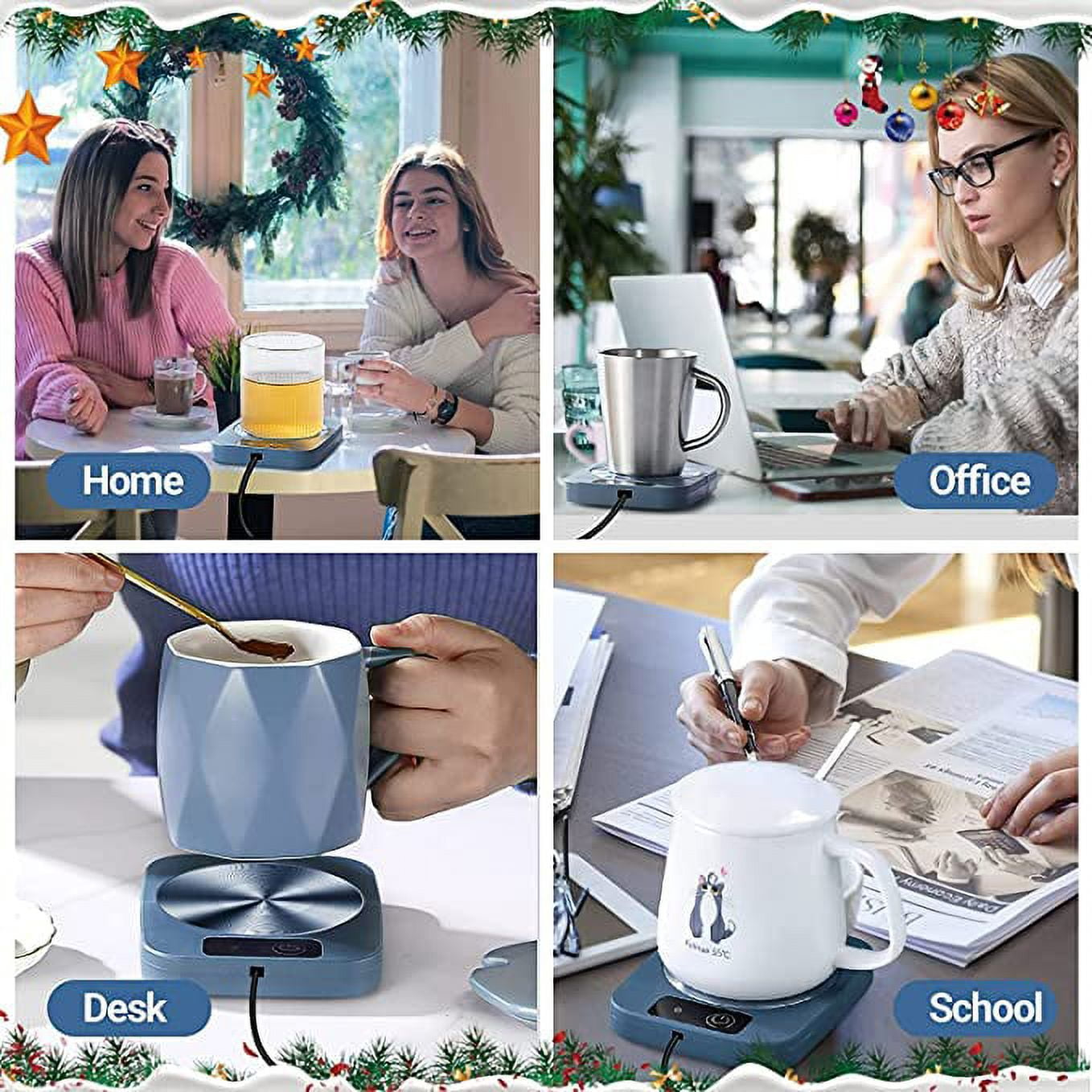 Collage von vier Bildern. Menschen benutzen Tassenwärmer zu Hause, im Büro, am Schreibtisch und in der Schule. Jede Szene hat eine andere Tasse.