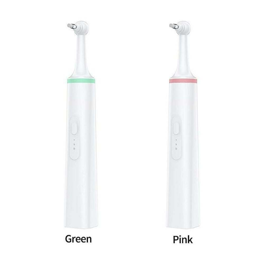 Zwei elektrische Zahnbürsten: eine grüne, eine rosa. Beide sind weiß mit kleinem Bürstenkopf. Aufschriften: 'Grün' und 'Pink'.