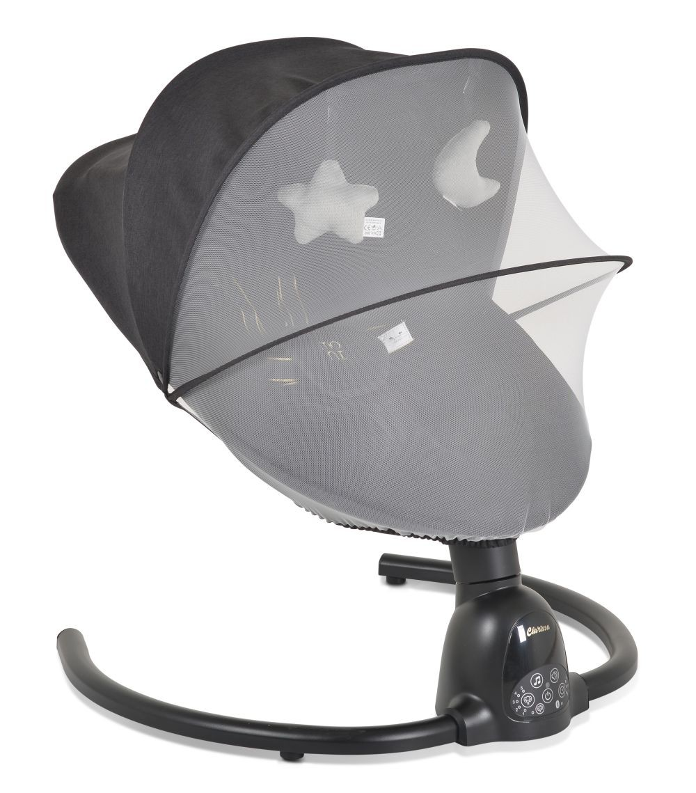 Un columpio para bebés con estructura negra y asiento gris. Tiene una capota con decoración de estrella y luna.