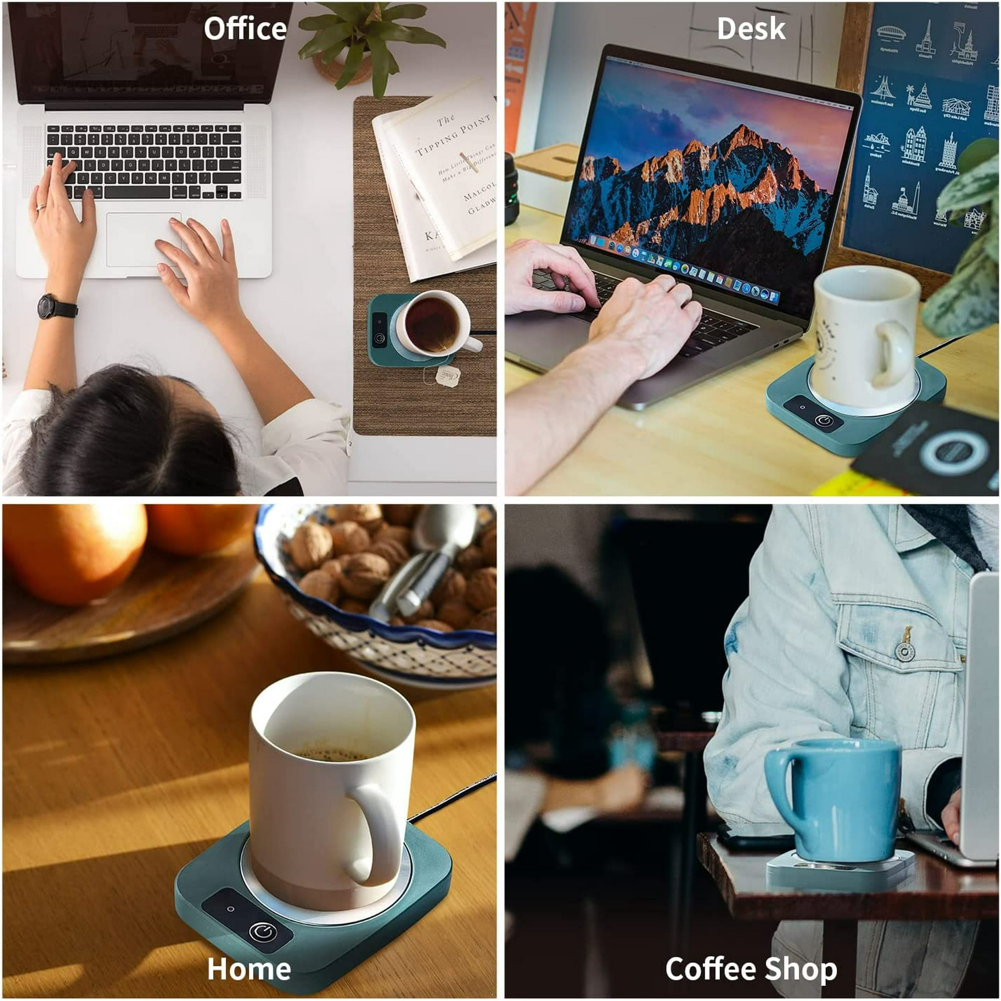 Vier Szenen: Büro mit Laptop, Schreibtisch mit Laptop, Zuhause mit Kaffeetasse und Coffee Shop mit blauem Becher.