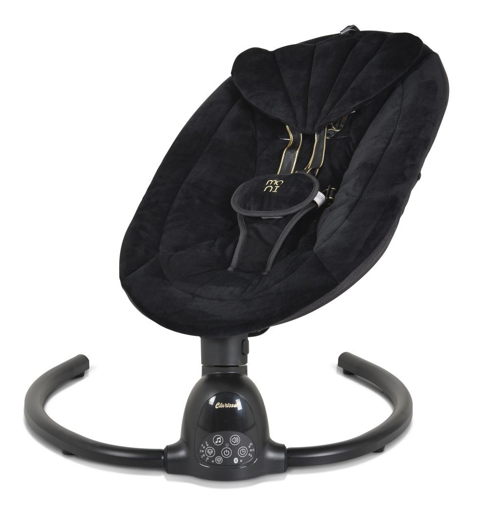 Una hamaca para bebé negra sobre un fondo blanco. Tiene un asiento suave negro y una base negra con botones de control.