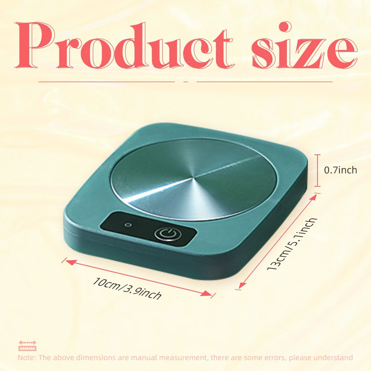 Ein Bild der Produktgröße in Türkis zeigt einen quadratischen Wärmer mit Größenangaben: 10 cm, 13 cm und 0,7 Zoll. Der Text oben lautet 'Produktgröße'.