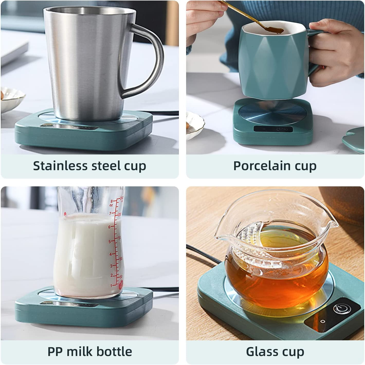 Vier Bilder zeigen Tassen auf Wärmeplatten: Edelstahl, Porzellan, Milchflasche und eine Glastasse Tee. Jede hat einen Power-Button.