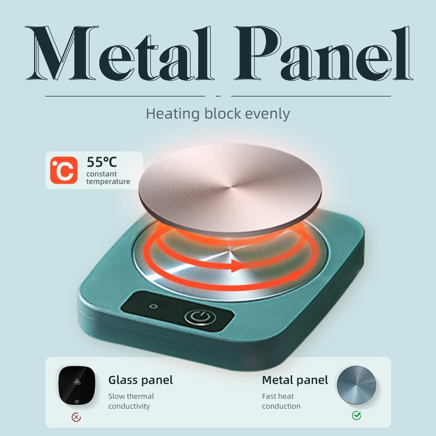 Ein Metallplattenheizer mit einer silbernen Scheibe obenauf. Er erhitzt sich gleichmäßig auf 55 °C. Enthält Glas- und Metallplattenoptionen.