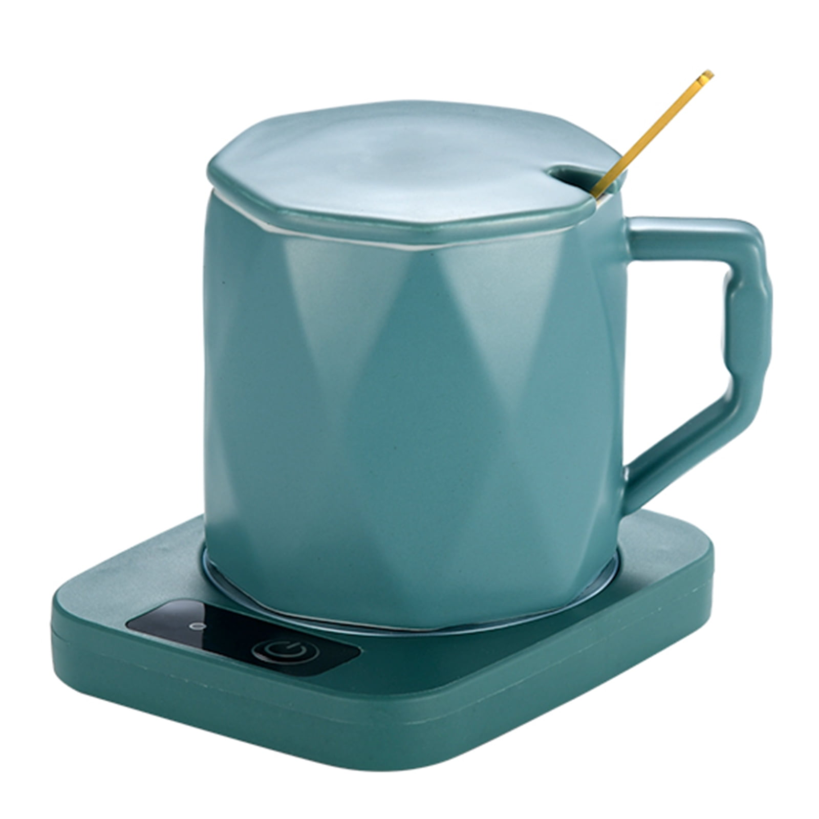 Eine türkisfarbene Tasse mit Deckel und goldenem Löffel steht auf einem türkisfarbenen Wärmer. Die Tasse hat einen Griff.