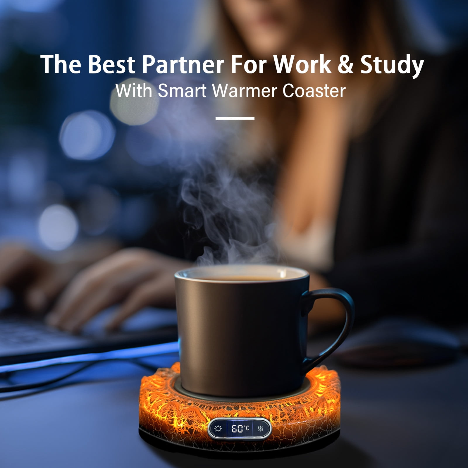 Eine Tasse Kaffee steht auf einem leuchtenden Wärmer. Text: 'Der beste Partner für Arbeit & Studium'.