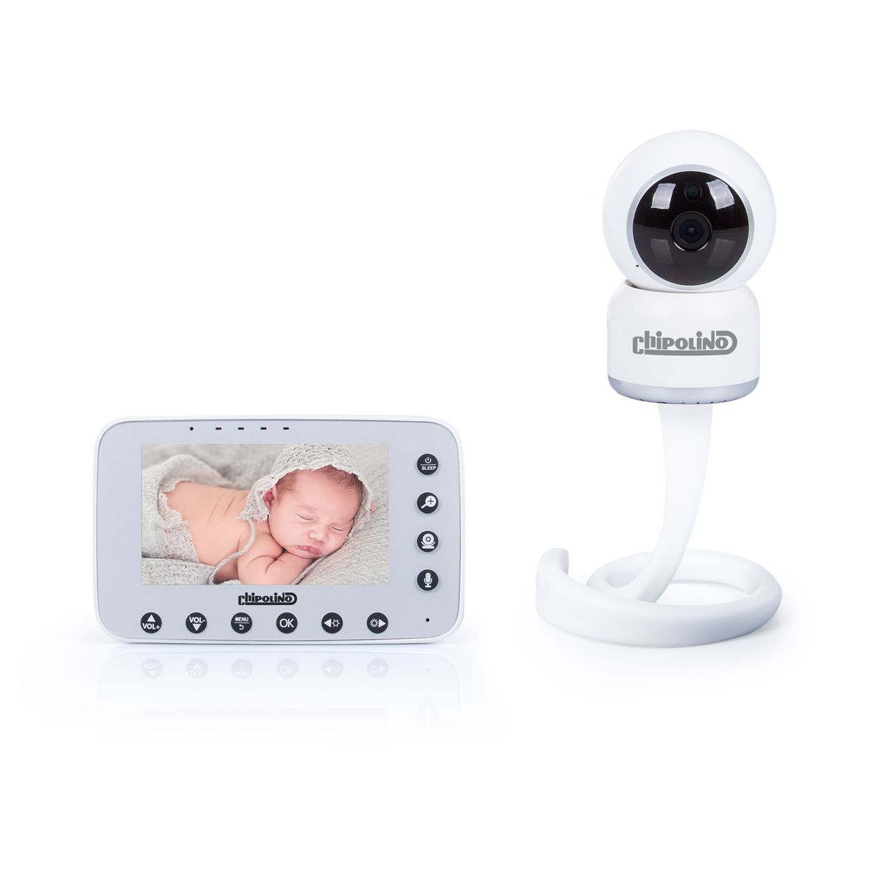 Babyphone mit Bildschirm, der ein schlafendes Baby zeigt. Rechts ist eine Kamera. Beide sind weiß.